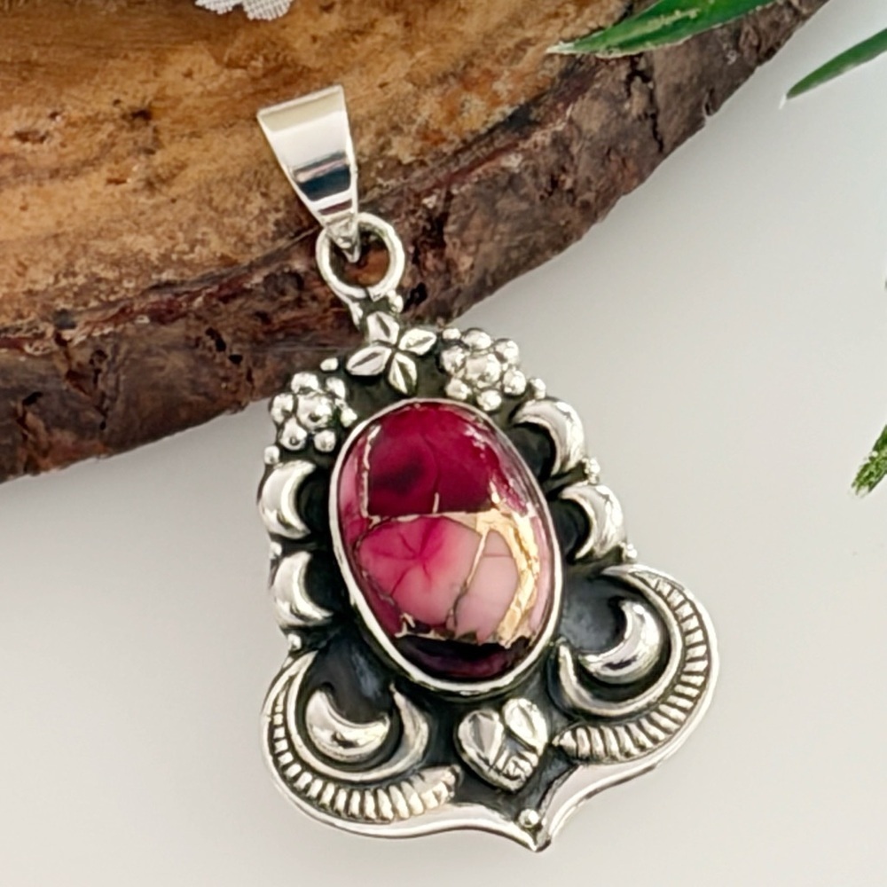 Pure Sterling Silver 925 Genuine Red Rose Dahlia Turquoise Pendant Navajo Style
